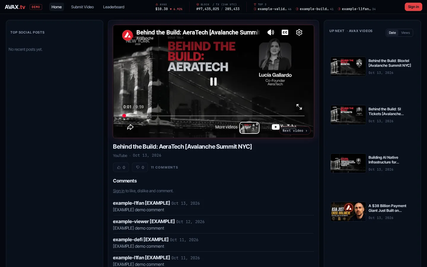 AVAX.tv demo home page on desktop